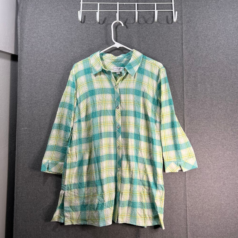 Susan Graver Regular Yarn Dyed Plaid Button Front Tunic Shirt Jade Lime Medium